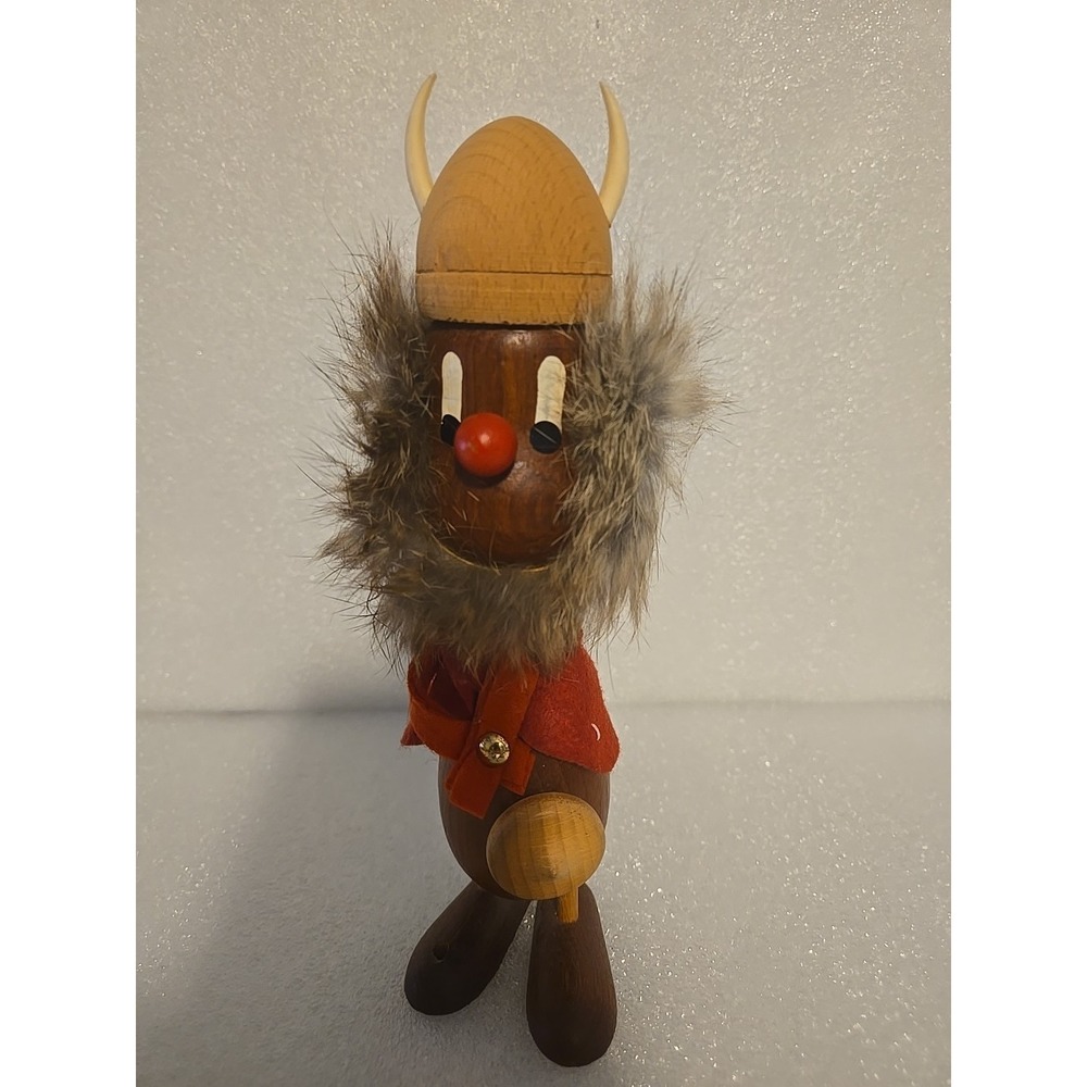 Vth Mid Century Danish Viking Figurine Teak Wood Red Felt Rabbit Fur Traevarer‎